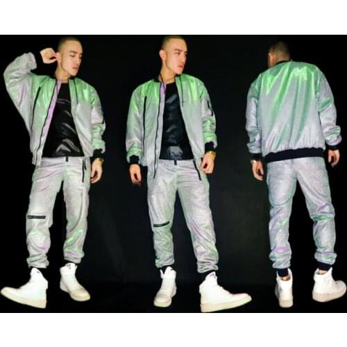Green And Purple Gradient Glitter Bat Sleeve Jacket Hip Hop Pants Uniform Festival Clubwear Stage Costume Pole Clothing XS2211