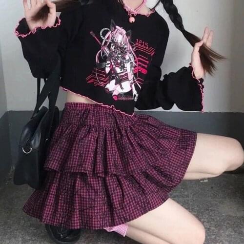 Punk style dark sweet girl plaid pleated skirt Korean vintage high waist skirt streetwear Harajuku preppy style cute cake skirt