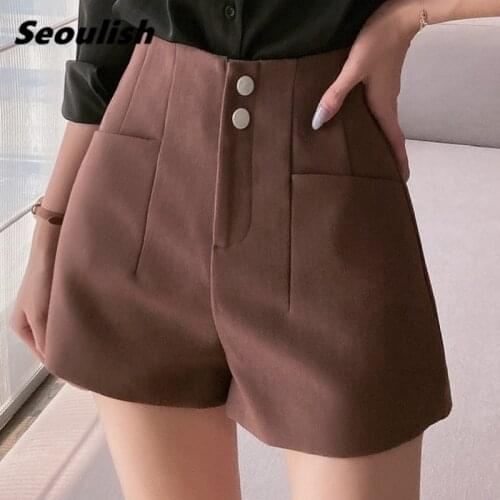 Seoulish 2021 New Summer Formal Suit Womens Shorts Button High Waist Chic Wide Leg Shorts Female Solid Elegant Trousers Pocket