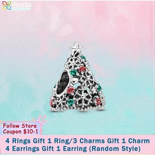 Smuxin 925 Sterling Silver Glitter Christmas Tree Charm fit Original Pandora Bracelets for Women Jewelry Making Birthday Gift