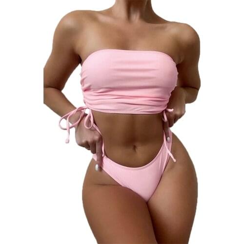 QINJOYER Bandeau Bikini Women Solid Strapless Swimsuit Biquini Women Brazilian Swimwear Sexy Thong Bikini Set Women Bathing Suit