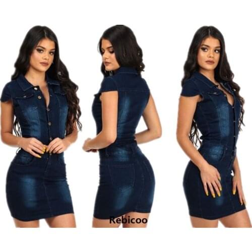 Women Retro Denim Dress Casual Vintage Dress Women Blue Solid Dress With Button Pockets Robe Femme Vestido