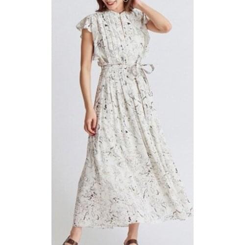 Ladies 2021 Slim Folded Ruffle Sleeve Floral Printed Midi Dress