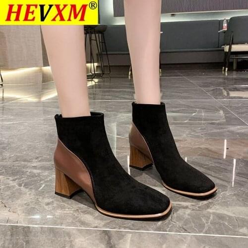 2021 Womens Autumn New Martin Boots Square Toe Thick Heel Zipper Fashion Boots Fashion High Heels Plus Fleece Ankle Boots