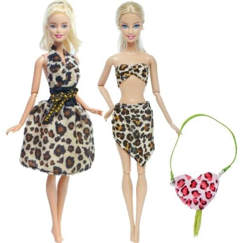 3 Pcs/Set Doll Dress Leopard Fashion Party Wear Skirt Summer Swimsuit Outfit Cute Handbag Accessories Clothes for Barbie Dolls