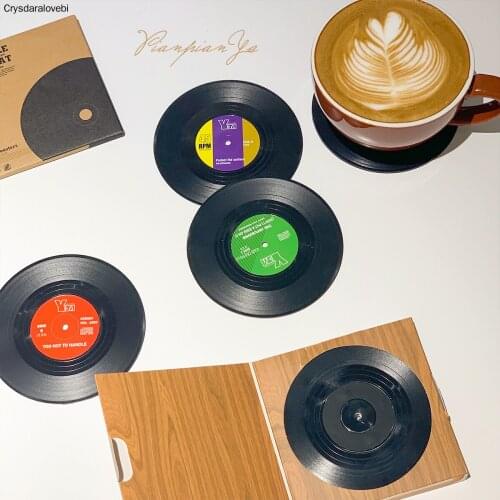 4 6 PCS Plastic Vinyl Record Coaster Cup Mat Black Retro Mug Coaster Pad Heat-resistant Non Slip Hot Drink Holder Home Decor