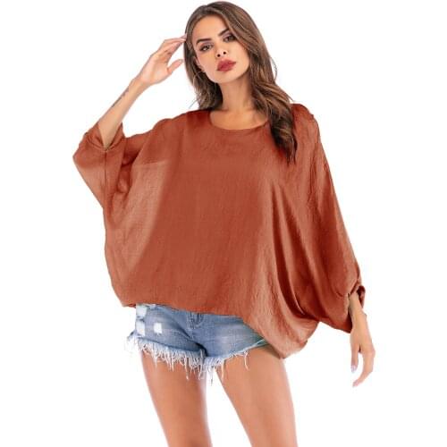 Asymmetrical Solid Color T-shirts For Women Girls Three Quarter Batwing Sleeves O-Neck 2021 Summer Fashion Women T-shirts Tops