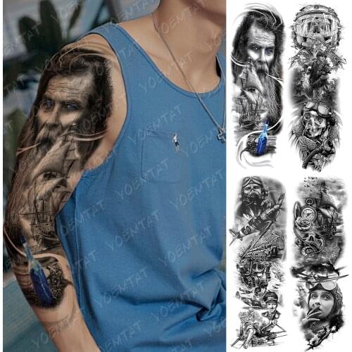 Large Arm Sleeve Tattoo Drift Bottle Sailing Waterproof Temporary Tatto Sticker Airplane soldier Pilot Body Art Full Fake Tatoo
