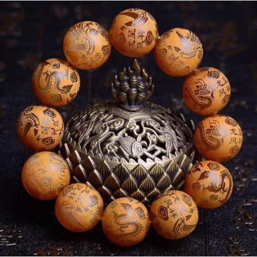 Wholesale Fine Natural Horn Bracelets Micro-carving Dragon Phoeni Round Beads Bracelets Rosary Tibetan National Style Jewelry