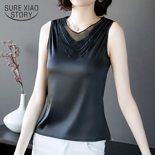 Chemisier Femme 2020 Summer New Sleeveless V-Neck Ice Silk Vest Tops Simple Korean Slim Fit Lace Tops and Blouse Women 9915