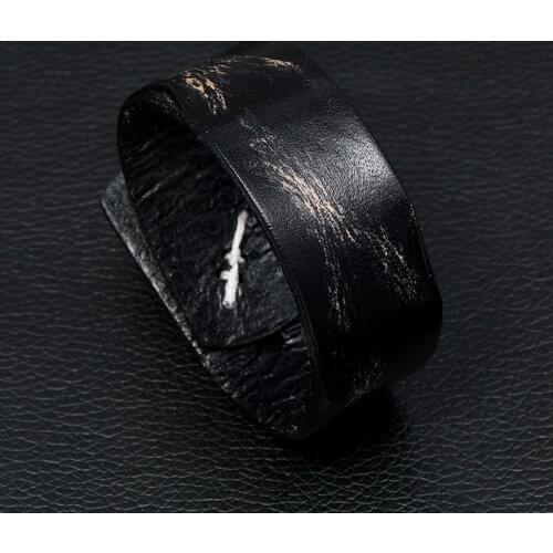 Black Genuine Leather Cuff Bangle Irregular Flat Leather Charms Button Buckle Vintage Jewelry Punk Men Women Accessories