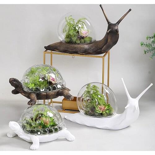Creative Dried Flower Plant In Snail Glass Shell Statue Home Decor White Snail Turtle Crafts Room Objects Office Resin Figurines
