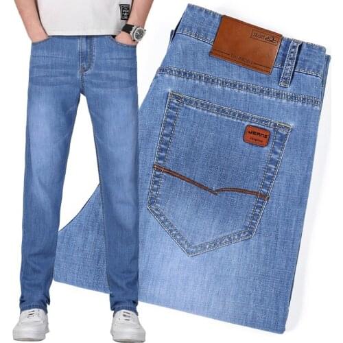 Classic Style Summer Men Thin Light Blue Jeans New 2021 Business Casual Fashion Elastic Straight Denim Pants Male Brand Trousers