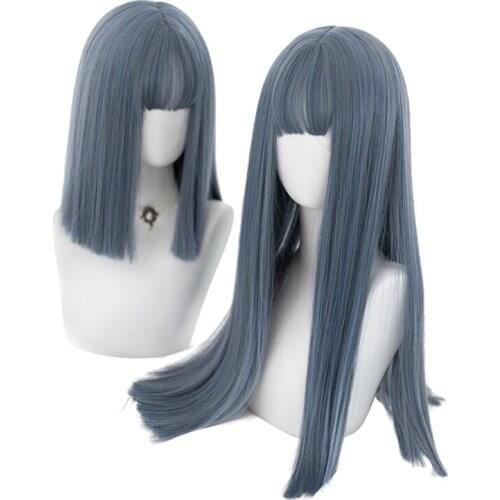 Lolita 36CM/60CM Short Long Bangs Grey Blue Mixed Straight Cute Ladies Synthetic Hair Cosplay Wig+Free Wig Cap