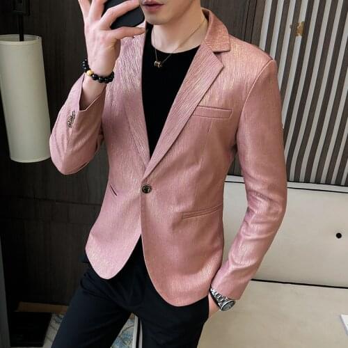 Fashion Solid Suit Jacket Youth Clothes Full New Mens Blazer Casual Slim Fit Shiny Grain Prom Dress Blazers Male Korean Style
