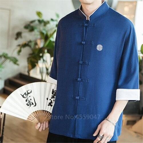 Men Traditional Chinese Clothing Hanfu Emboridery Blouse Tang Suit Linen Short Sleeve Shirts Vintage Chinese Top Wu Shu Tai Chi