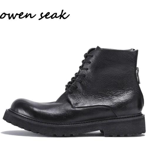 Owen Seak Men Casual Fur Boots High-TOP Ankle Riding Boots Retro Genuine Leather Sneaker Winter Luxury Trainers Flat Black Shoes