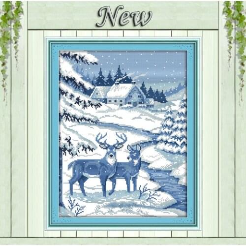 Two snow deer winter lovely animal paintings counted print on canvas DMC 11CT 14CT Cross Stitch kits needlework Sets embroidery