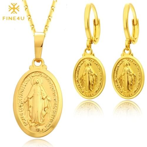 FINE4U N635 Virgin Mary Jewelry Set Women Bride Wedding Gold Color Miraculous Medal Necklace & Earrings Sets