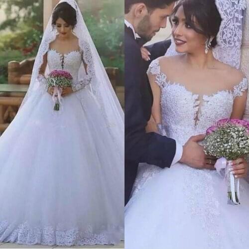 New Arabic Vintage Wedding Dresses Sheer Neck Beaded Lace Appliques Puffy Tulle Bridal Gowns Custom Made Plus Size Wedding Dress