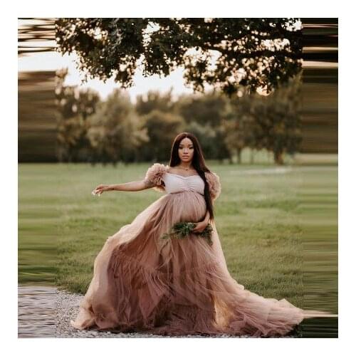Charming Extra Puffy Tulle Pregnancy Gowns For Photo Shoot Custom Made Fluffy Short Sleeves Empire Waist Women Maternity Gow