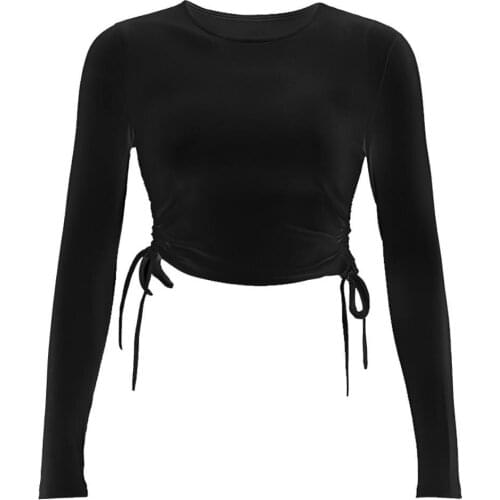 Sexy Women Solid Color T-shirt Slim Crop Top Long Sleeve Side Drawstring Blouse