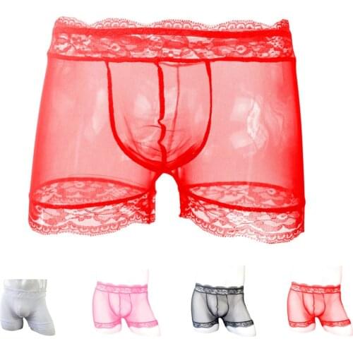 Sexy Men Underwear Boxer Shorts Underpants Transparent Lace Gauze Male Sissy Gay Panties ZJH0604