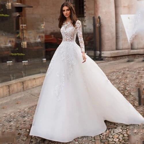 LORIE Wedding Dress 2019 Long Sleeves Vestidos de novia Illusion Lace Appliqued A Line Bridal Gown Buttons Back Wedding Gowns