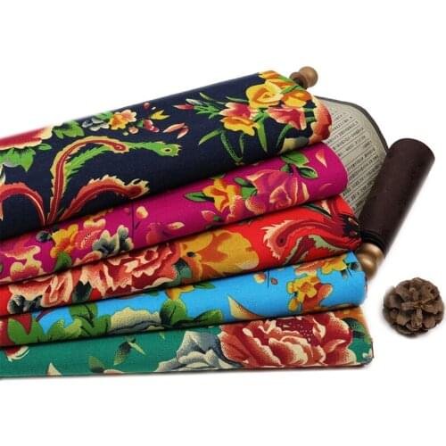 Peony Fabric Ethnic Printed Cotton Linen Breathable Fabrics For Upholstery Furniture Home Decor Textile Per Meter