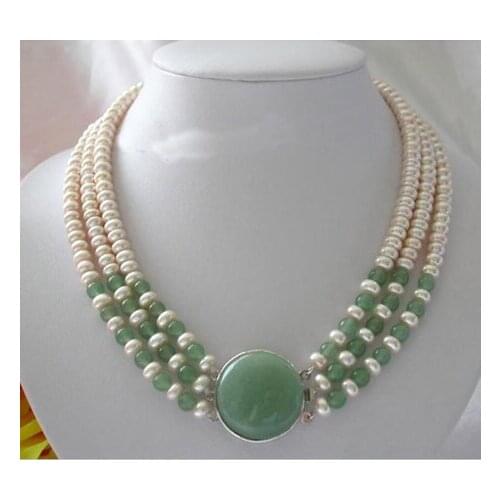 Unique Pearls jewellery Store 3row Green Jasper White Freshwater Cultured Pearl Necklace Fine Jewelry Women Gift