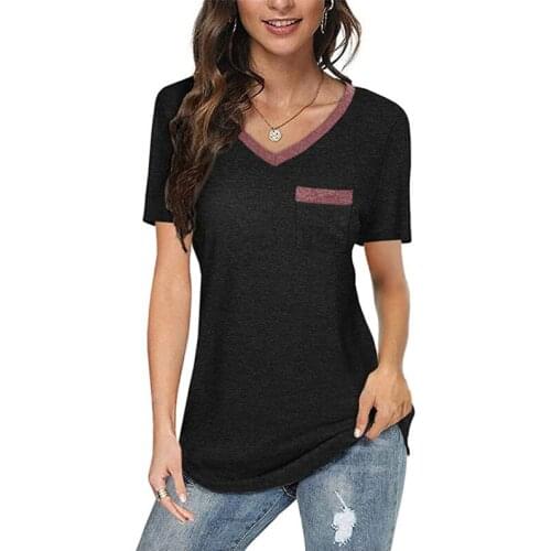V-neck Pocket T-shirt Women Loose Short-sleeved Tees for Womens Plus Size Casual Cotton Woman Tops 2021 Womens Clothing