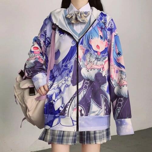 Dropshipping Japan Anime Hoodie Fashion Kawaii Print Zip Up Hoodies Re Zero Streetwear Sweatshirt Long Sleeve Cute Women Hoodies