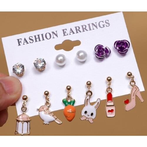 ZOSHI 6Pairs Cute Bird Rabbit Cat Earrings Set for Women Girls Simulated Pearl Earrings Korean Style Jewelry Rainbow Earrings