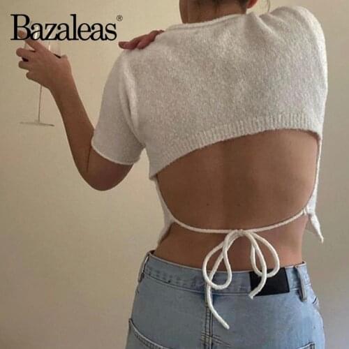 Bazaleas Retro Short Sleeve Women Sweater Vintage Crop Top Knitted Pullover Soft Backless Tine pull femme O Neck Cropped Sweater