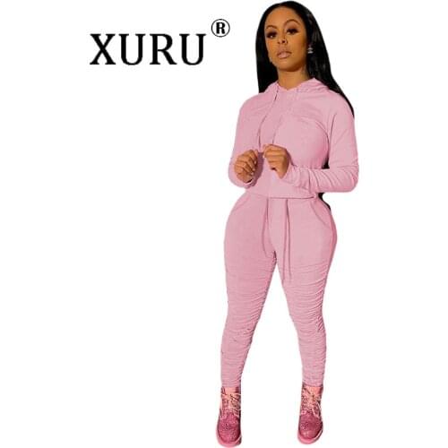XURU Autumn and Winter Long-sleeved Hooded New Womens Body Pants Suit Knitted Jumpsuit Two-piece