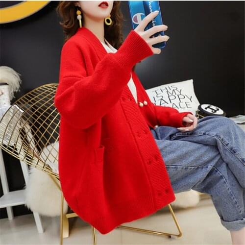 Korean Pearl Button Loose Knit Cardigan Women With Pocket Autumn Winter Pink Red Yellow Sweater Cardigan Female Knitted Jacket