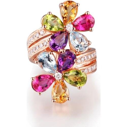 Women Luxury Jewelry Rose Gold Ring Delicate Multi-color Cubic Zirconia Crystal Flower Elegant Temperament Wedding Ring