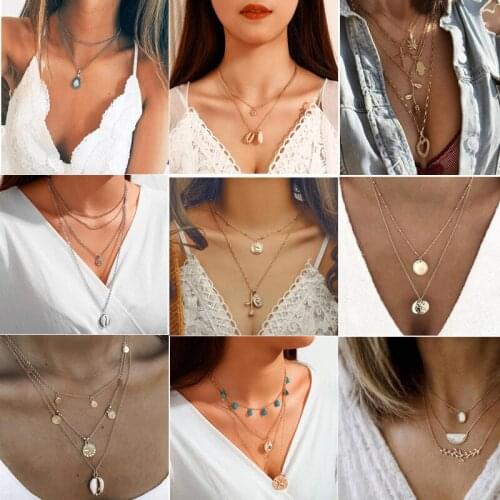 Boho Crystal Choker Necklaces For Women Fashion Gold Silver Color Vintage Multiple Layers Pendant Necklace Jewelry