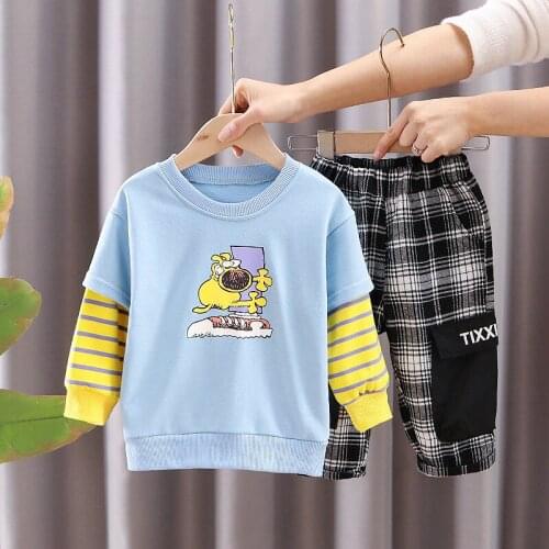 2021 Spring Autumn Baby Boys Girls Suit Fashion Clothes Kid Cotton Cartoon Sport T-shirt Plaid Pants 2 Pcs/Set Toddler Tracksuit