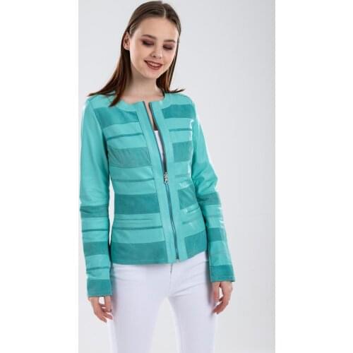 Turquoise Double Sided Womens Genuine Leather Jacket