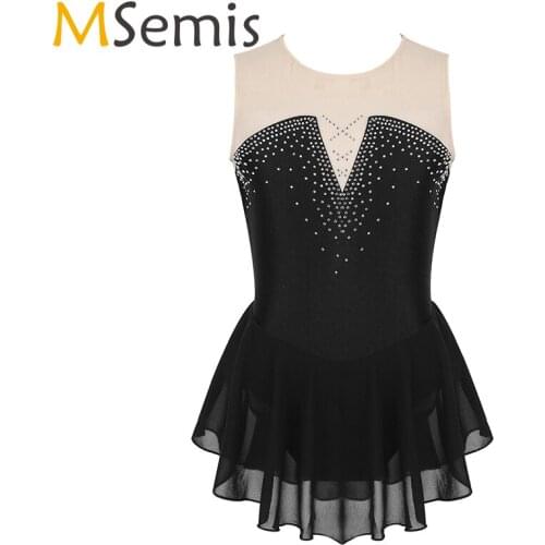 Girls Teens Dancewear Shiny Rhinestone Mesh Figure Skating Dress Girls Ballet Gymnastics Leotard Competition Dance Costume Kids