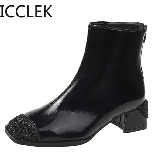 2020 New Ankle Boots Women Ankle Boots Spring Winter Elegant Square High Heels Shoes Female Zip Square Heel