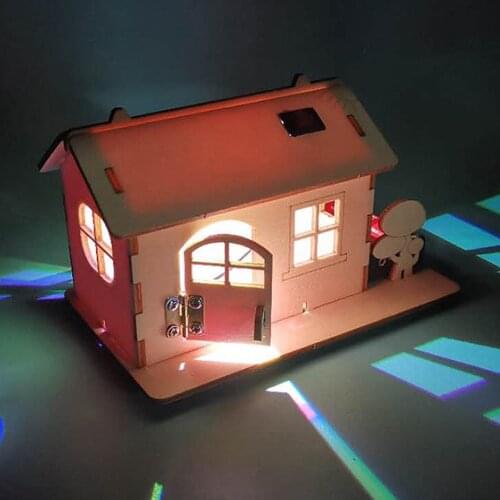 Child DIY Handmade Wooden Cabin with Light Assembly Building Model Toy Funny Science Experiment Circuit Assembly Tools Set