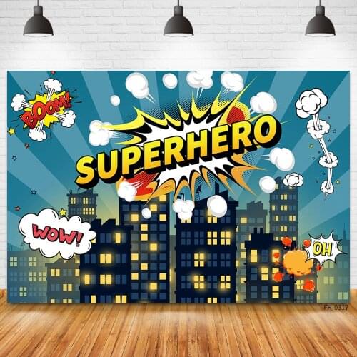 Custom Name Superhero City Building Super Hero Birthday Poster Backdrops Baby Boys Children Photo Backgrounds Party Photography