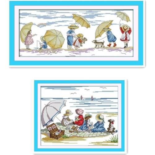 Joy Sunday 11CT 14CT India cloth Cross stitch Kit Beach Play Happy childhood Childhood Playmates Hand embroidery Paintings