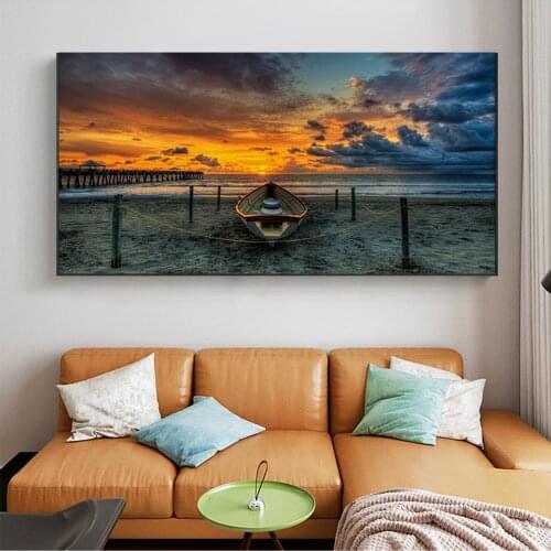 Boat Beach Sand Sunset Art Canvas Print Painting Landscape Wall Picture Wallpaper Living Room Bedroom Home Decoration Poster