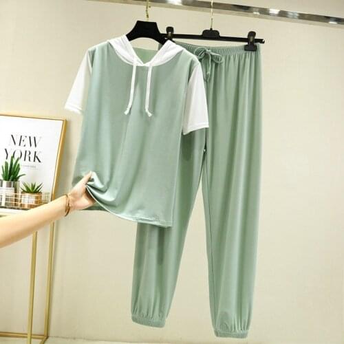 Hooded Top + Trousers Two Piece Set New Ice Silk Breathable Summer Sleepwear Pajamas Women Casual Short Sleeve Home Clothing