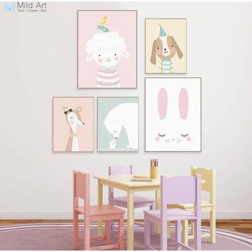Cute Kawaii Cartoon Animal Deer Bear Rabbit Posters Nordic Wall Art Print Picture Canvas Painting Girl Baby Kids Room Home Decor
