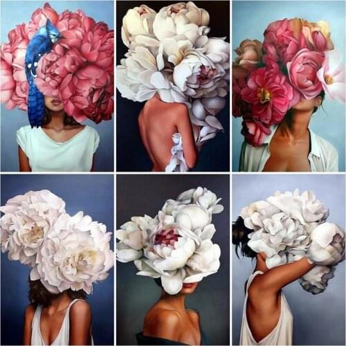 Fashion Beautiful Woman Portrait and Flower Canvas Painting Posters and Prints Wall Art Pictures for Living Room Home Decoration