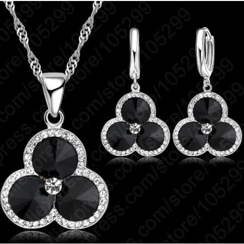 100% 925 Sterling Silver Shiny CZ Crystal Petal Shape Necklace Black Stone Pendant Earring For Woman Wedding Jewelry Set